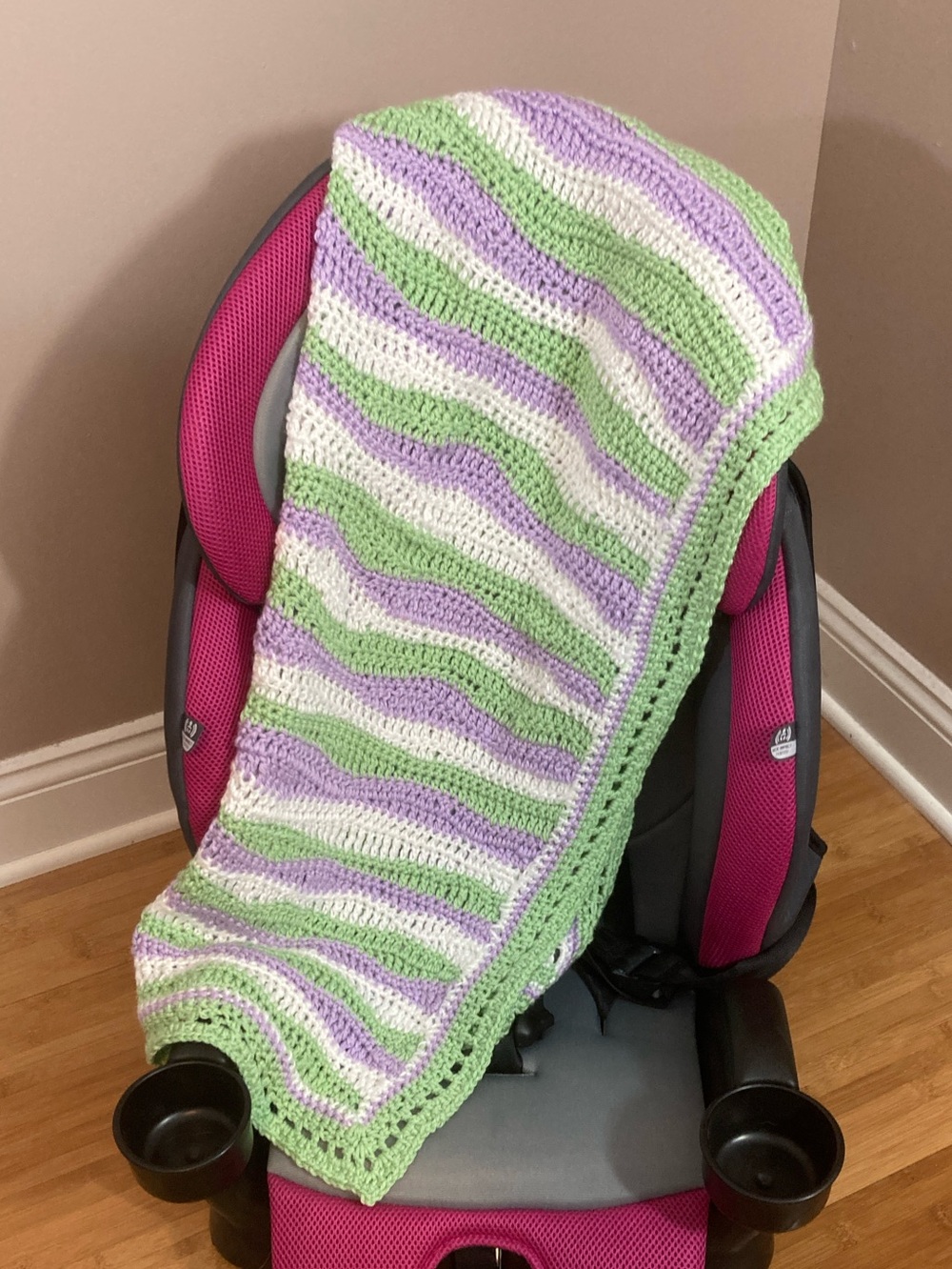 Handmade Crochet Baby Blanket in Light Green, Lilac & White